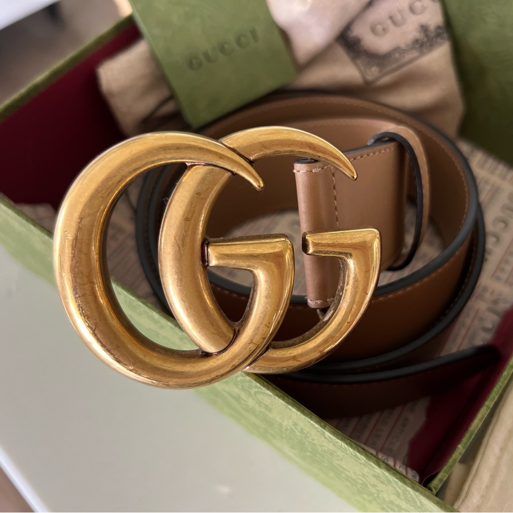 Gucci Women’s Marmont Natural Tan Leather Belt with Gold GG Buckle